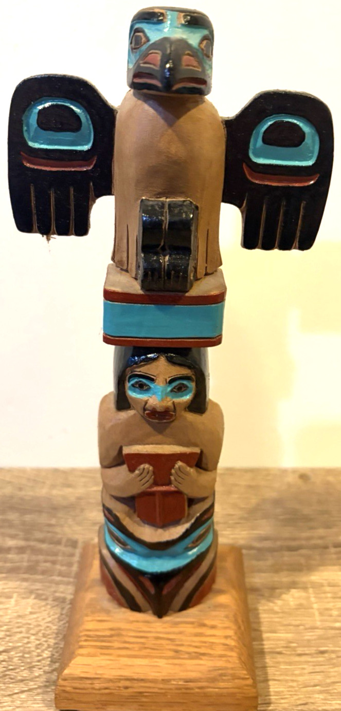 VTG 1992 Tlingit Hand Carved Painted Totem Pole Alaska, Native American 9"