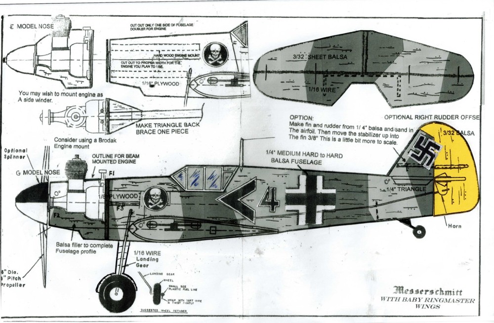1/2 A profile WW II  German Bf-109 G.  21" span  U-Control plans
