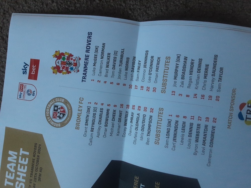 Team Sheet - Bromley v Chesterfield 1.10.1024