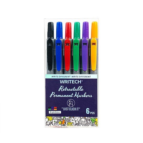 WRITECH Retractable Refillable Perm. Markers Bright Colors 6/Pk School Office