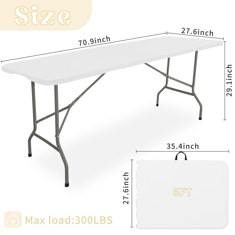 Folding Table 6 FT Lightweight Camping Table Portable Plastic Rectangular Out...