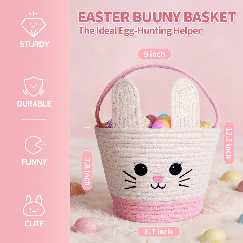 Lightilunar Easter Basket, Empty Bunny Basket, Woven Basket with Soft Handle,...
