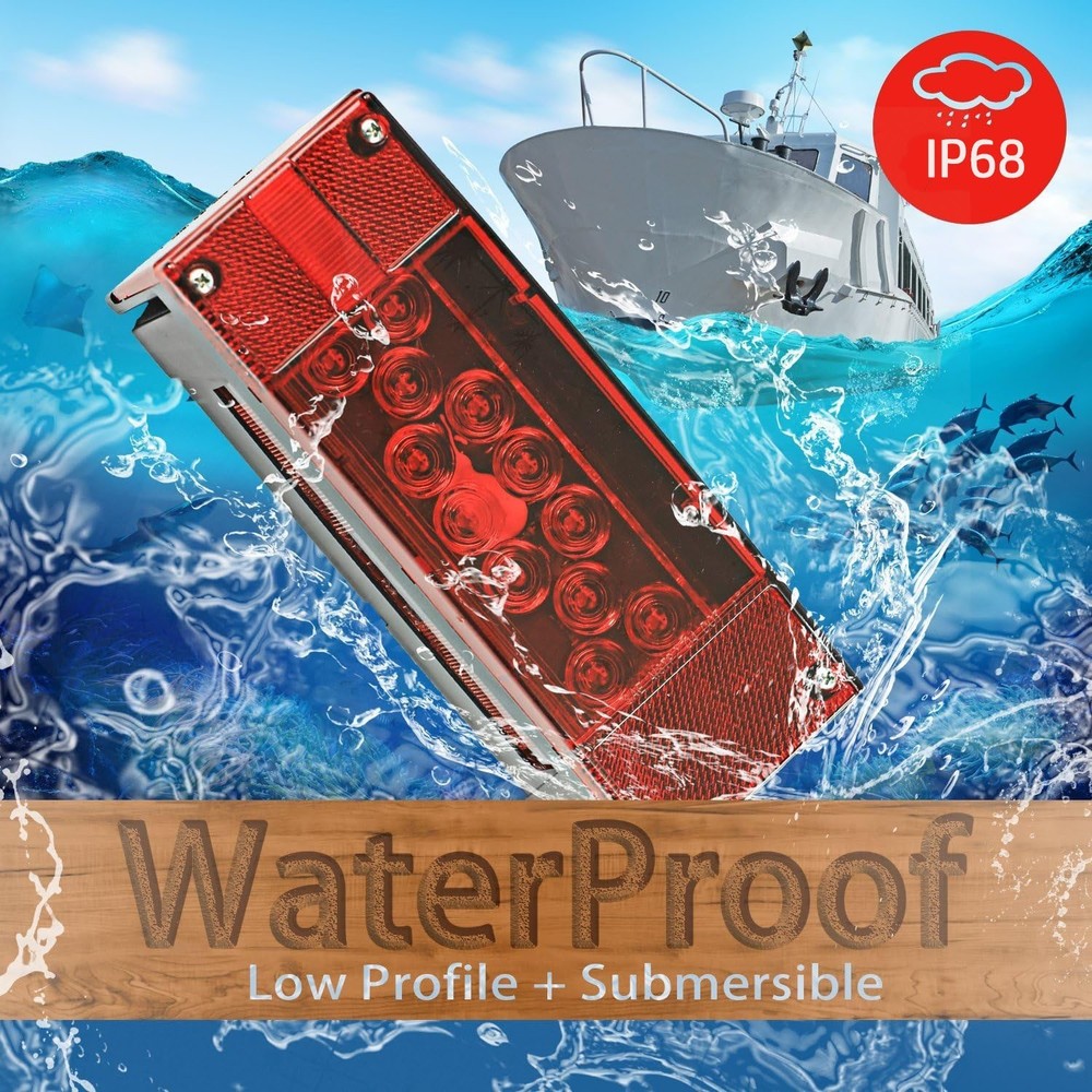 Left Right LED Waterproof Red Trailer Boat Rectangle Stud Stop Turn Tail Lights