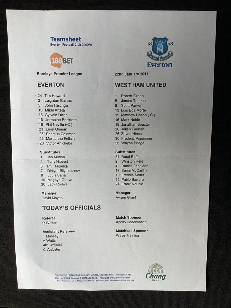 2010/11 Everton v West Ham teamsheet