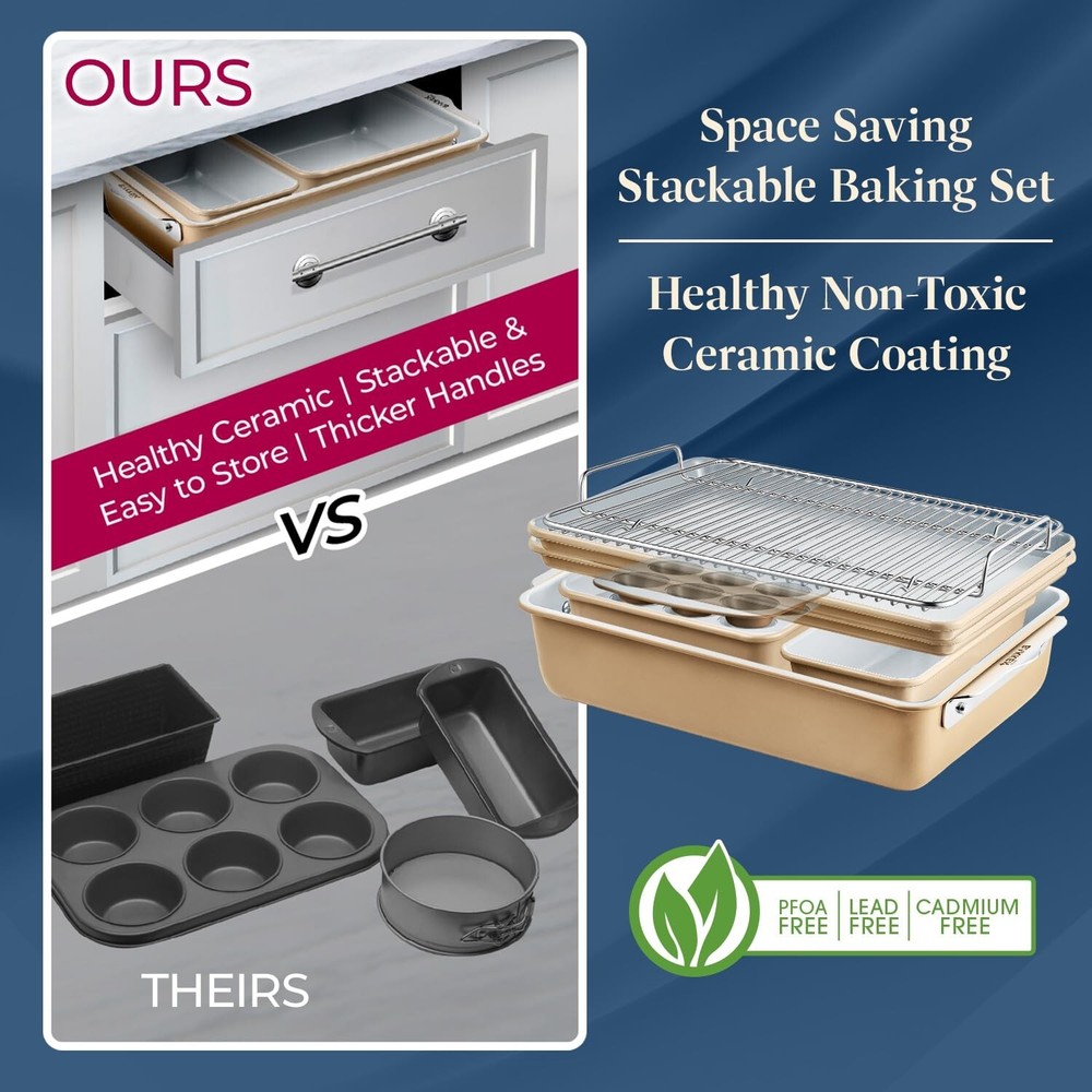 Bakken 8-Piece Stackable Bakeware Set - Ceramic Non-Stick Coating, Baking She...