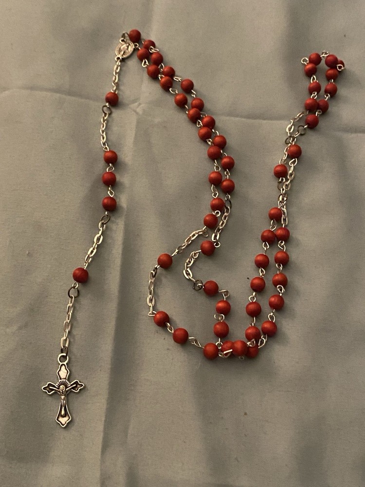 Rosary Silver Tone Cross And Red Lightweight Beads 25” Long