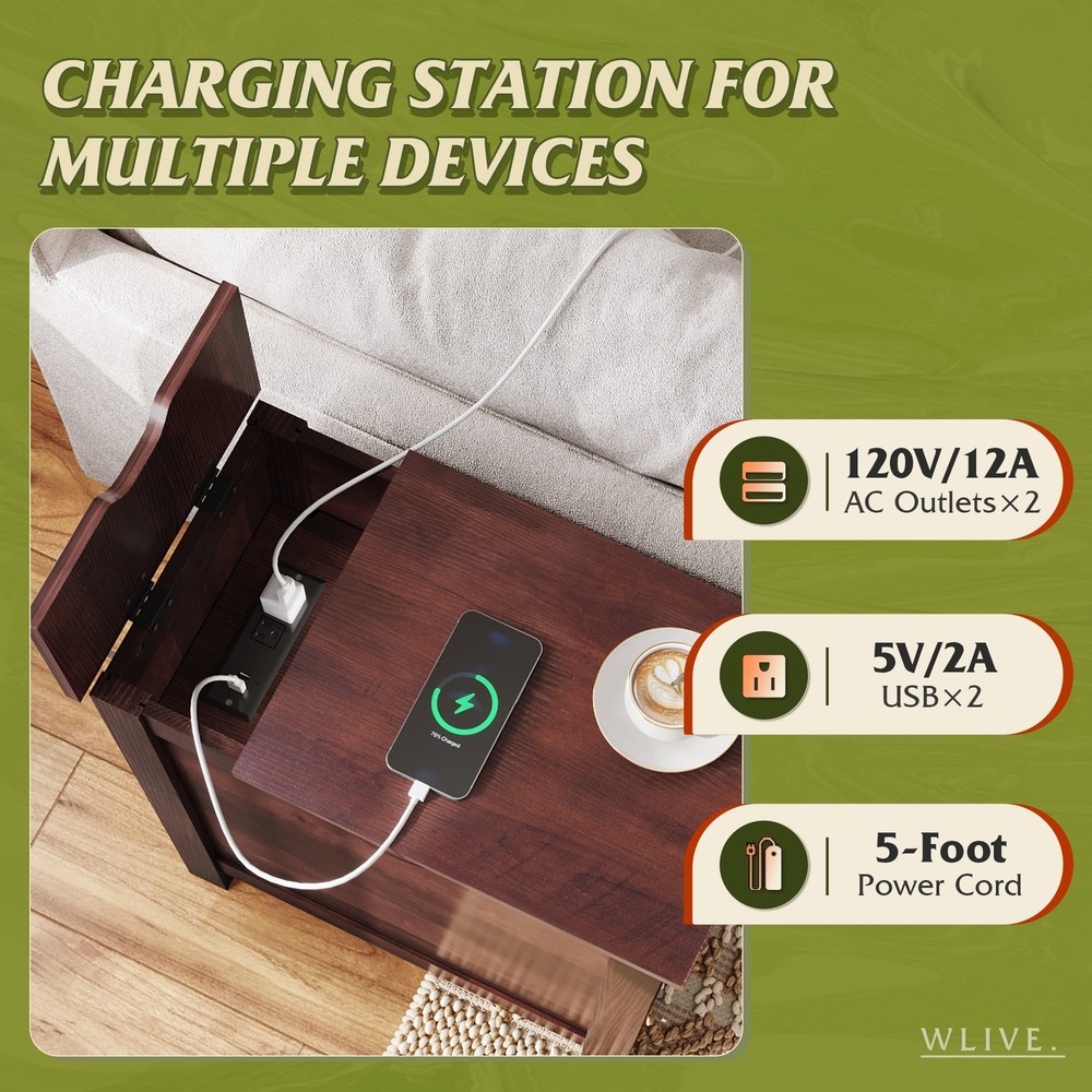 Side Table with Charging Station Narrow End Table with Storage Night