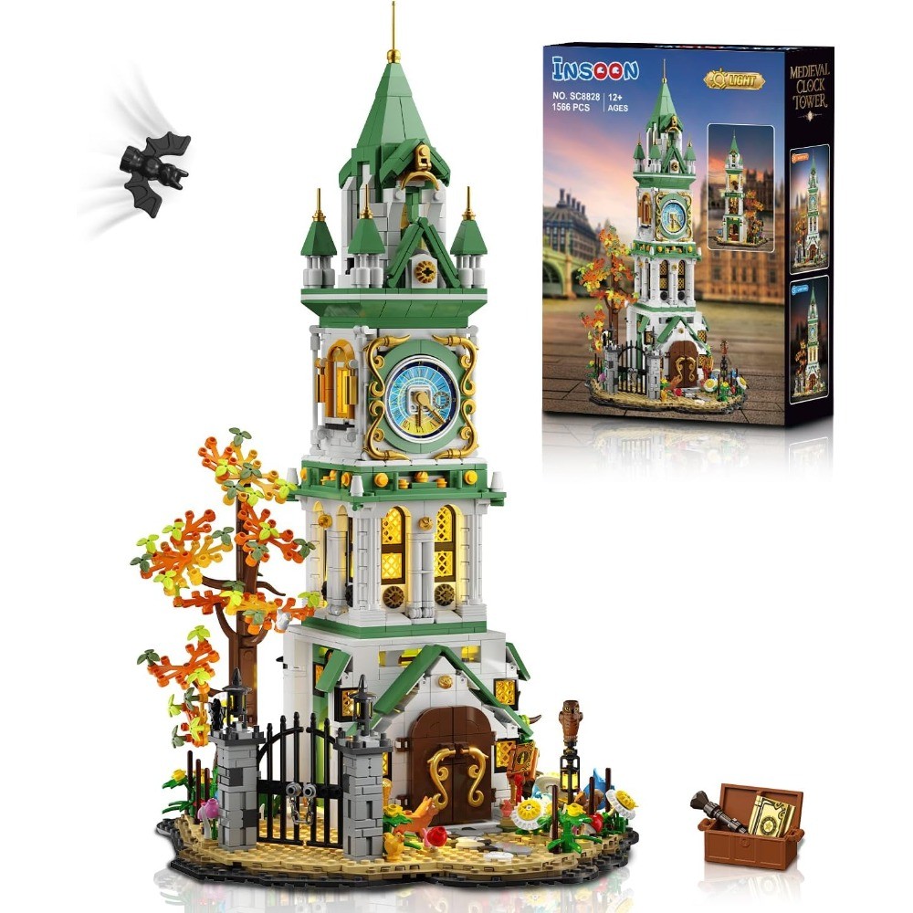 Magic Clock Tower Building Set with Light, 1566PCS Medieval Castle Model Kit