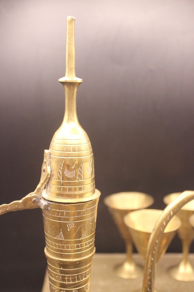 Brass Tea Pot Hinged Lid + 4 Goblets Indian Middle Eastern Service Set
