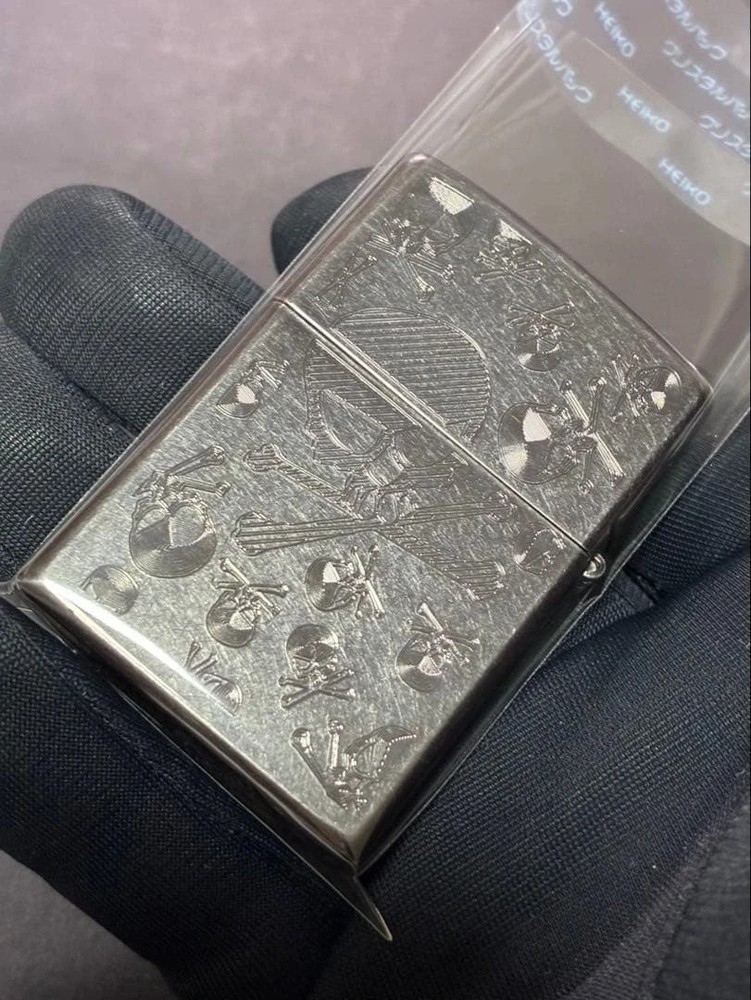 Zippo Skull Etching Silver Double Sided Processing Lighter Regular Japan