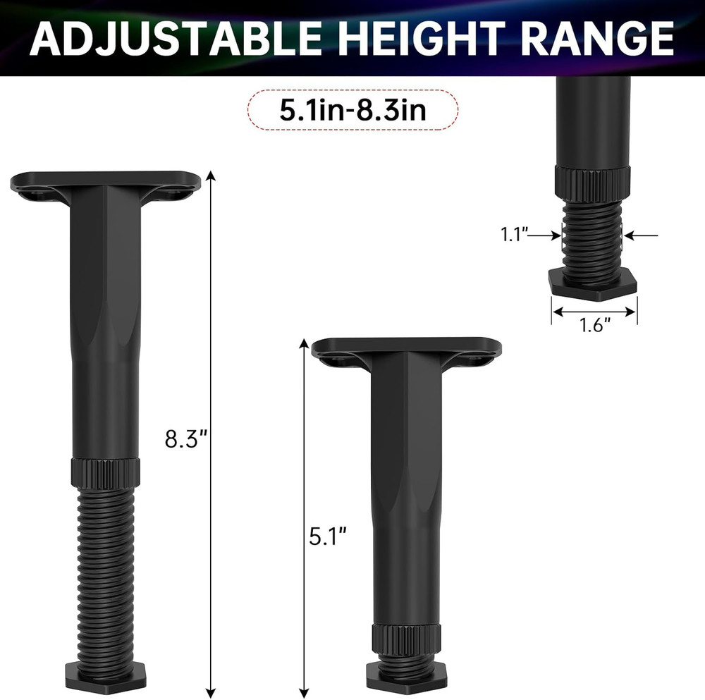 4PCS Adjustable Bed Frame Support Legs (5.1"-8.3"), Frame Center Slats Heavy Sup