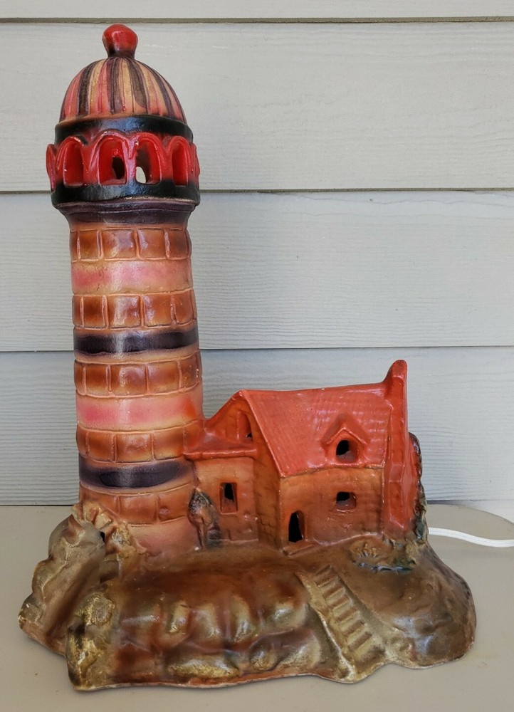 Vintage Chalk Chalkware Lighthouse Lamp  Nautical UNTESTED