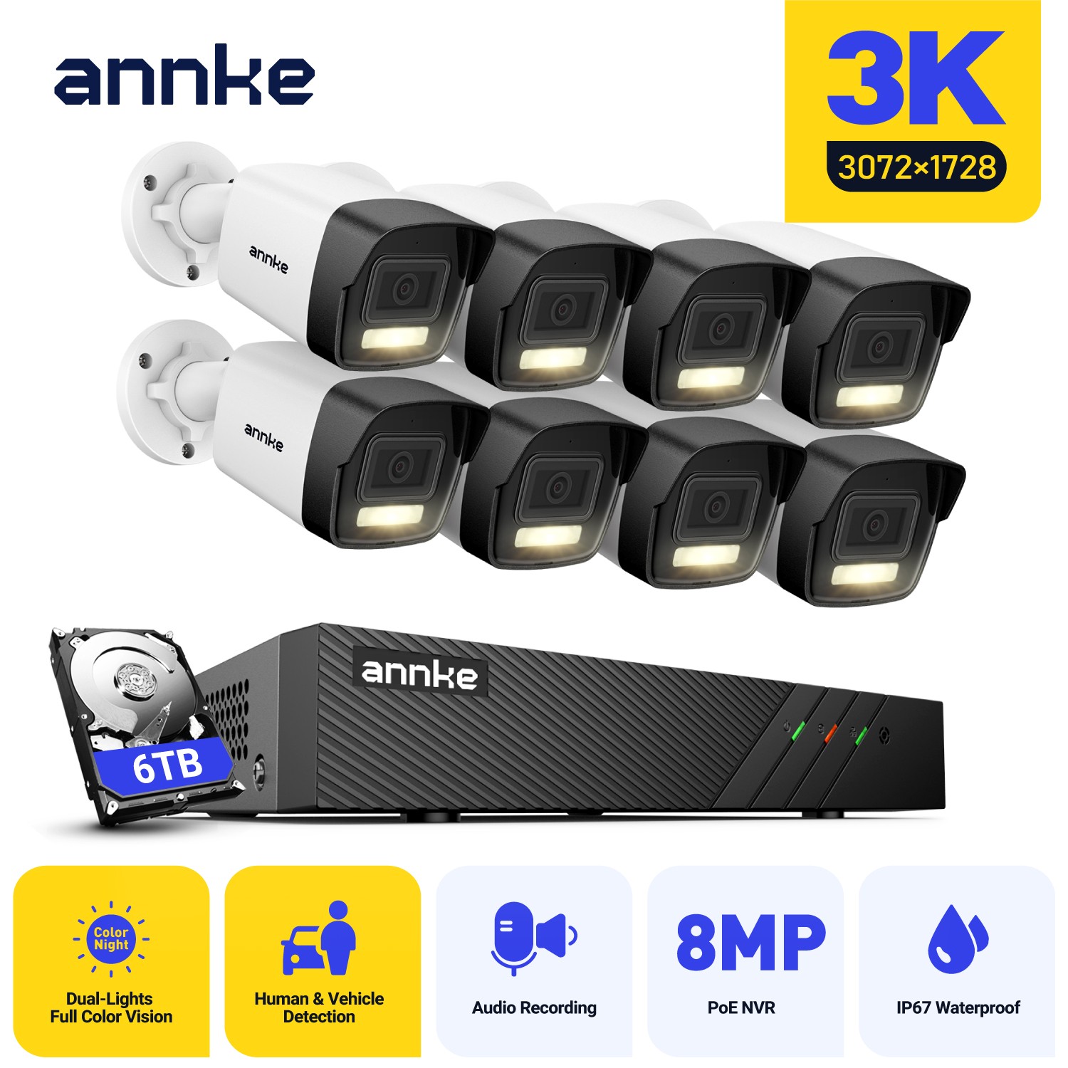 ANNKE 5MP Color POE IP Security Camera System Human Detection 8CH 8MP NVR Audio