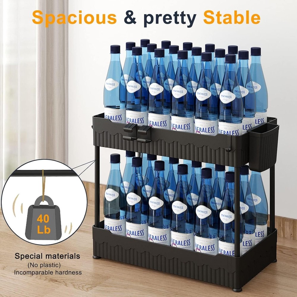 2 Pack Under Sink Organizer Storage Shelf w Hooks Black