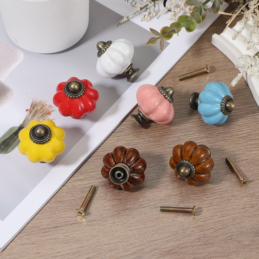 6 Packs Ceramic Knobs, Pumpkin Ceramic Cabinet Drawer Knobs, Retro White