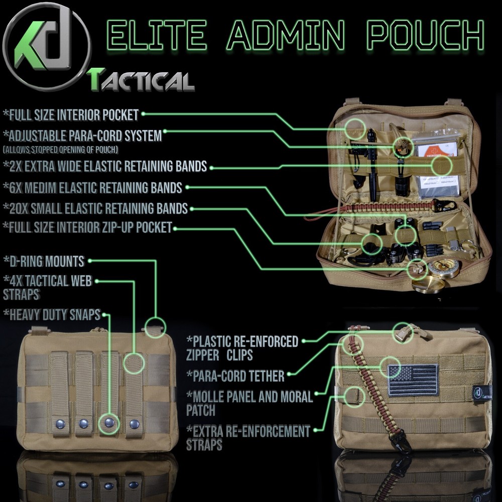 Large Tactical Molle Admin Pouch with Morale Patch and Paracord Tether Super HD