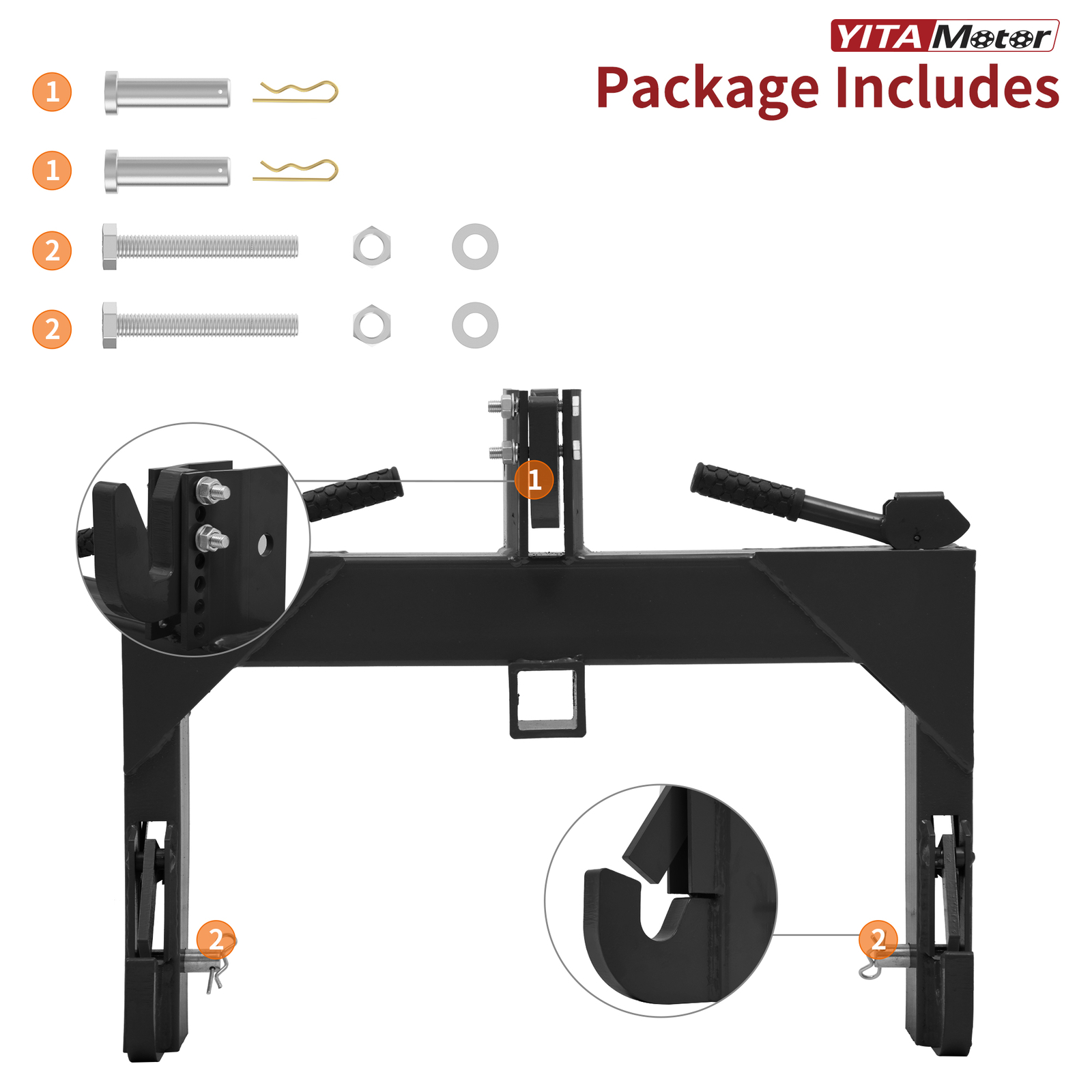 3-Point Quick Hitch Adapter for Category 1 & 2 - Attachment for Tractor Steel