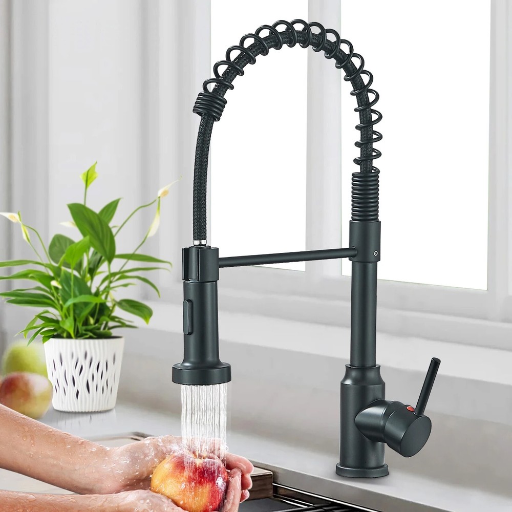 Matte Black Kitchen Sink Faucet Spring Pull Down Sprayer Single Handle Mixer Tap