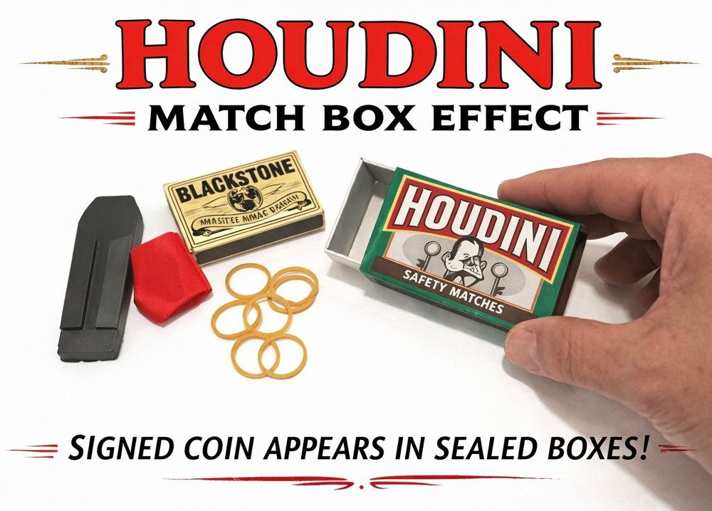 HOUDINI MATCH BOX MAGIC TRICK Appearing Coin In Boxes & Bag Pocket Beginner Set