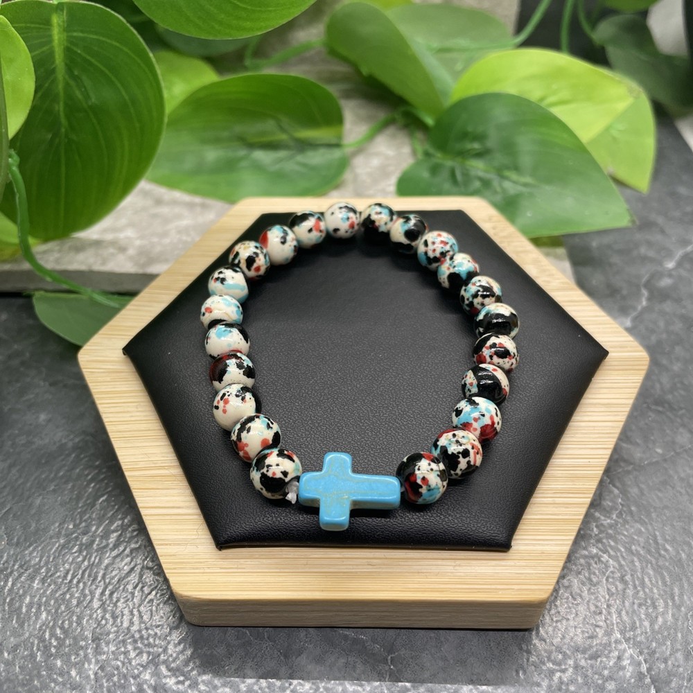 Handmade Stone Bead Stackable 6.5” Plus Stretch Bracelet Cross B8258