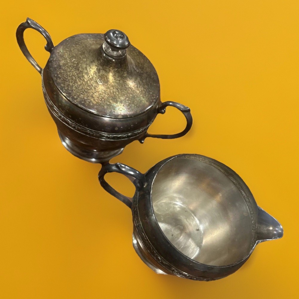 Silver On Copper Double Handled Sugar Bowl With Lid & Single Handle Creamer Set