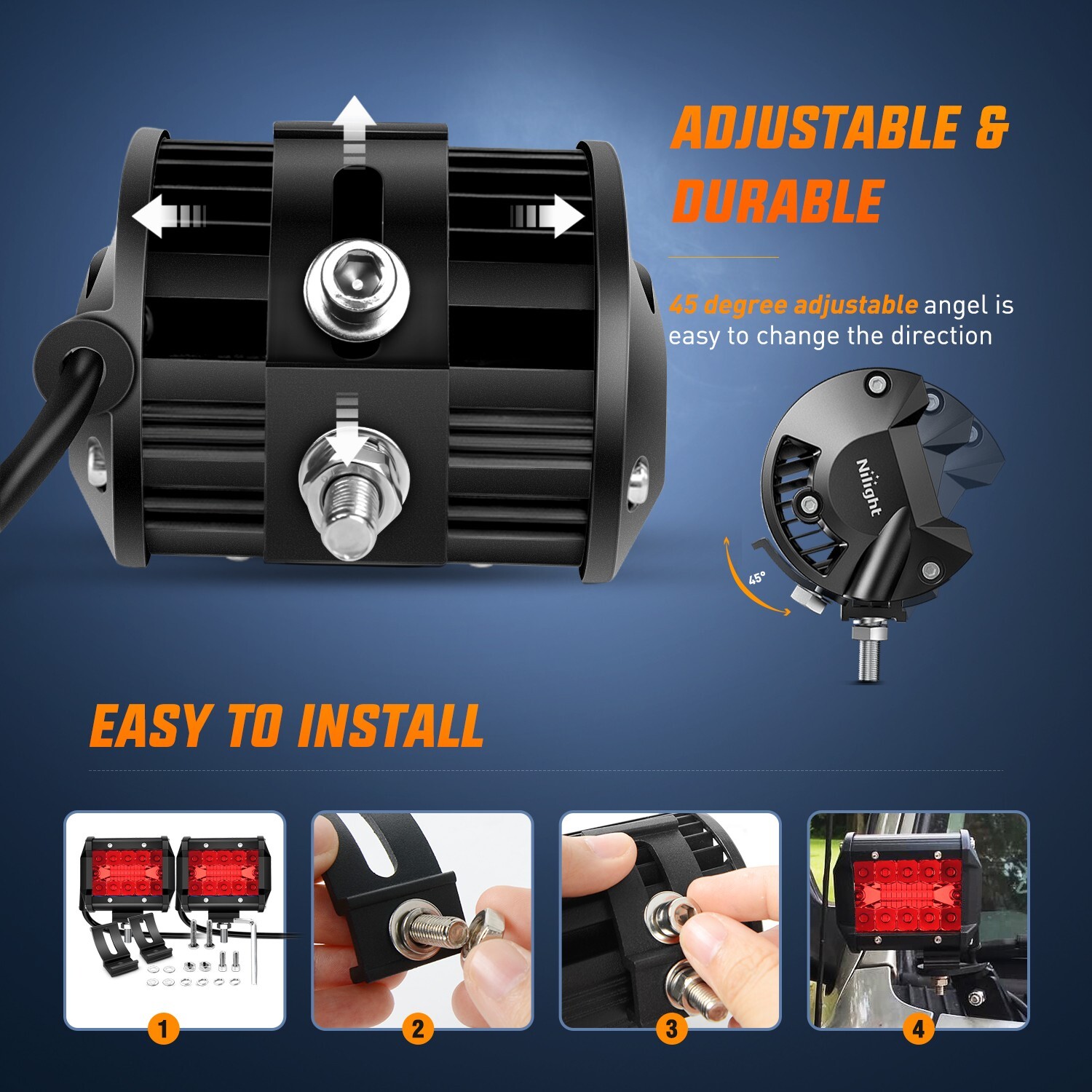 Nilight 4" LED Light Pod Red Triple Row 2PCS 60W Flood Spot Combo Lights