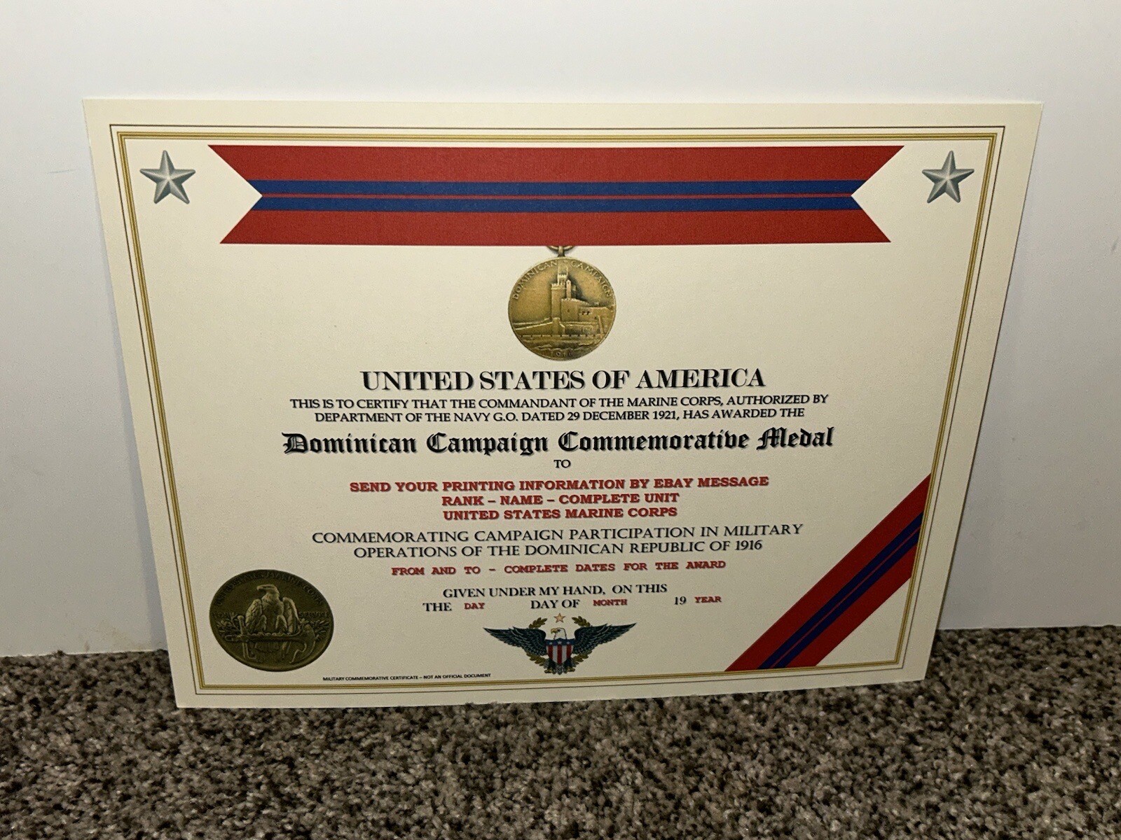 DOMINICAN CAMPAIGN (USMC) COMMEMORATIVE MEDAL CERTIFICATE ~ W/PRINTING TYPE-1