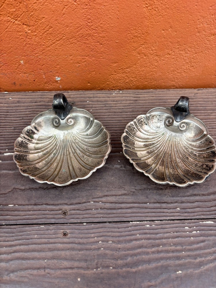 Lot 2 Vtg Crescent Silver Co Plated Clam Shell Serving Dish Trinket Tray Footed