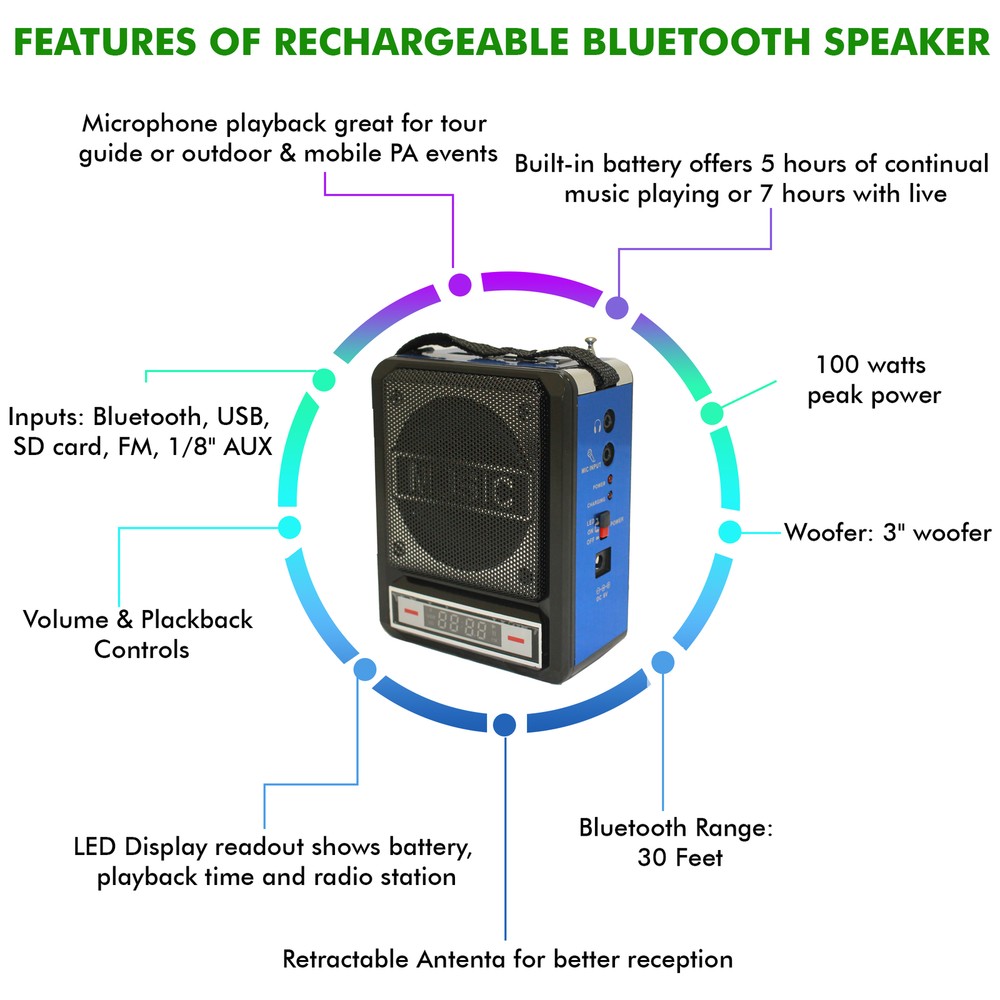 Technical Pro Rechargeable Bluetooth Speaker with Wired Headset Mic & LED Light