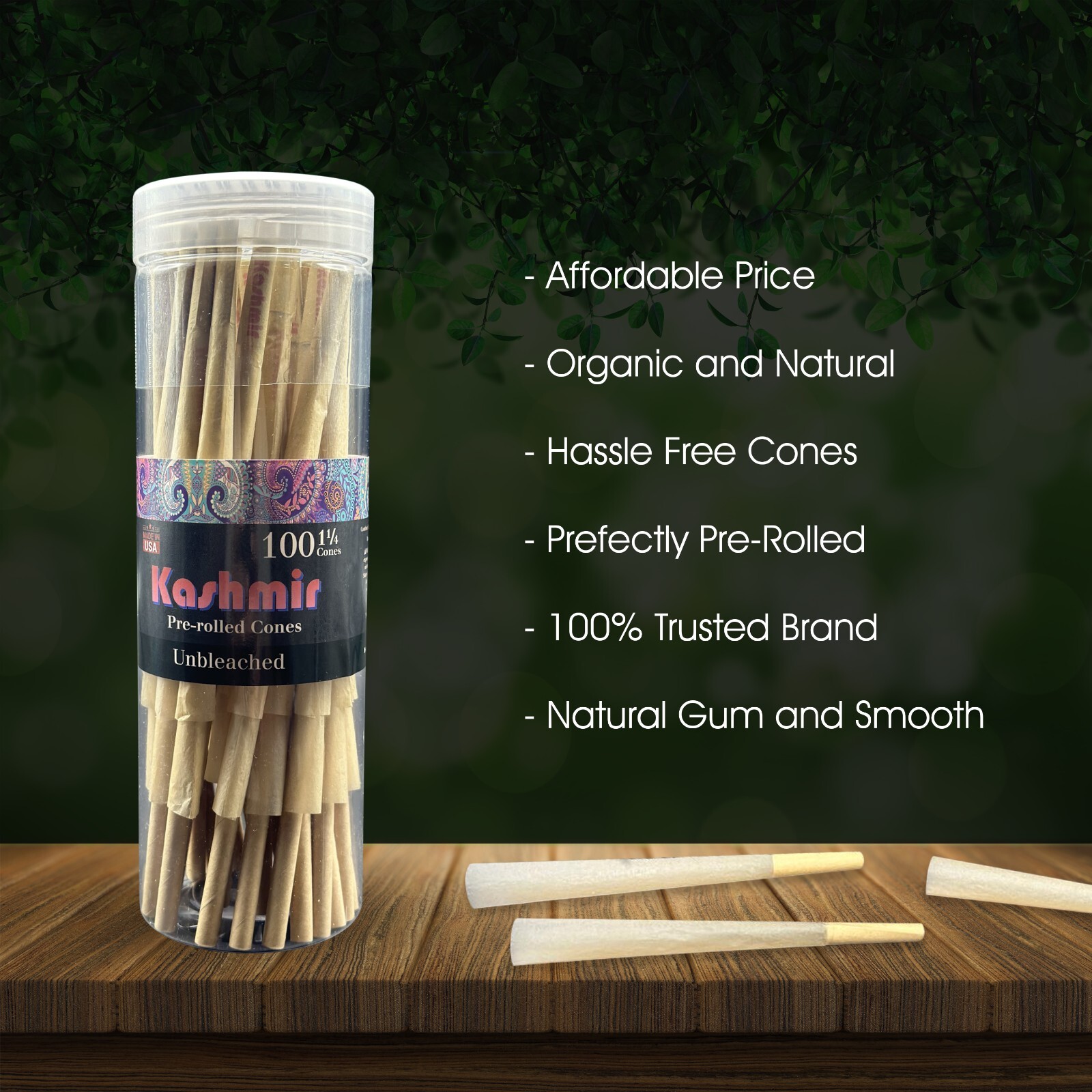 Kashmir Pre Rolled Cones 1 1/4 Size Unbleached Rolling Paper Cones Smooth 100 Ct