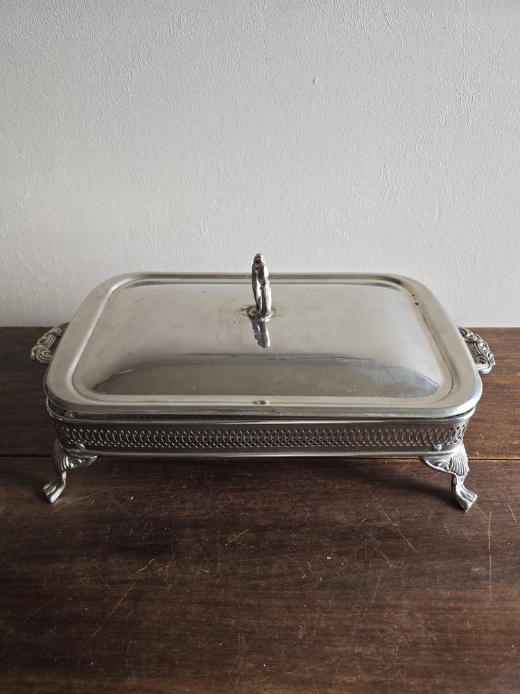 VTG Silver Plated Square Footed Buffet Casserole Dish Holder W/Lid & Glass Pan