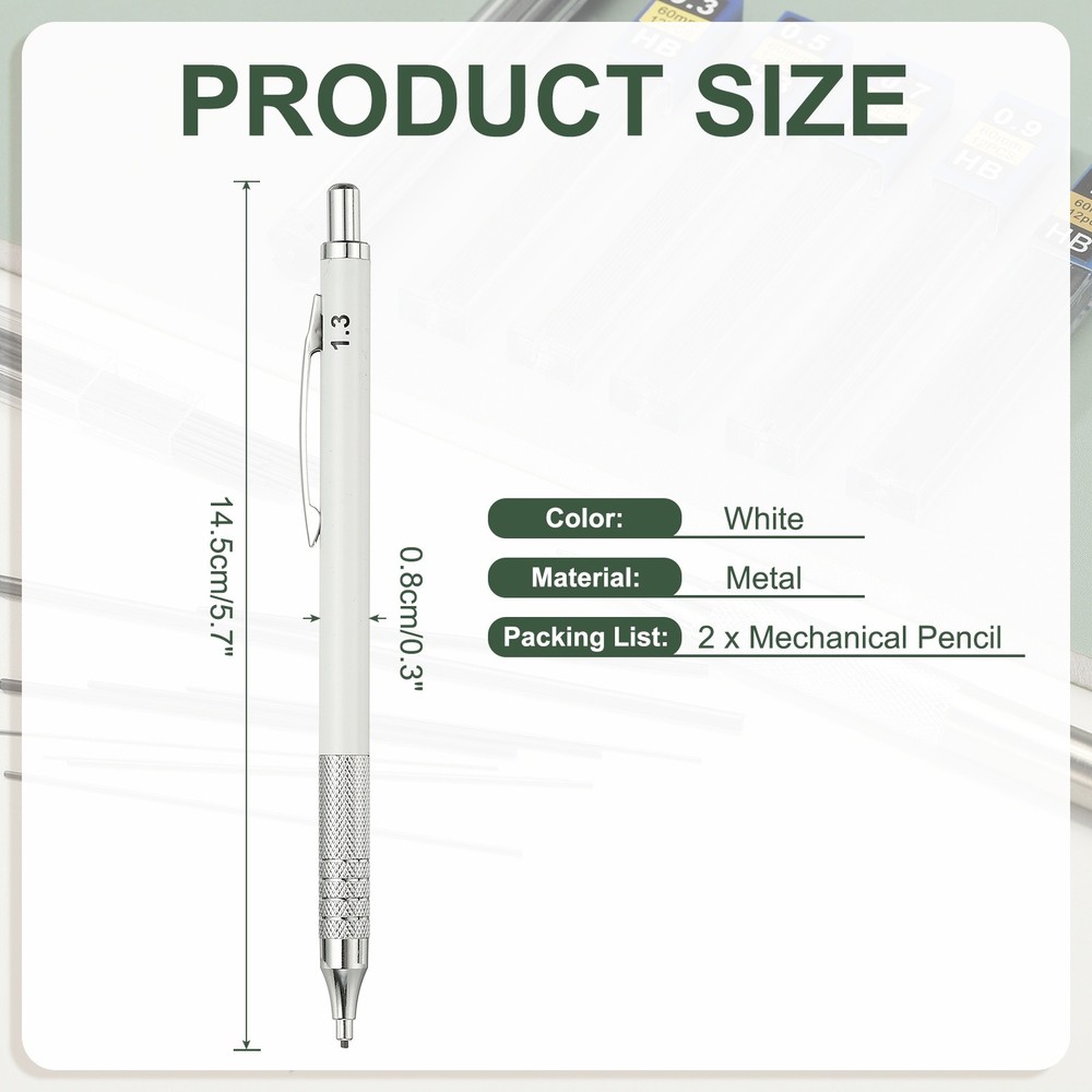 2Pcs Mechanical Pencil 1.3mm for Drawing, White