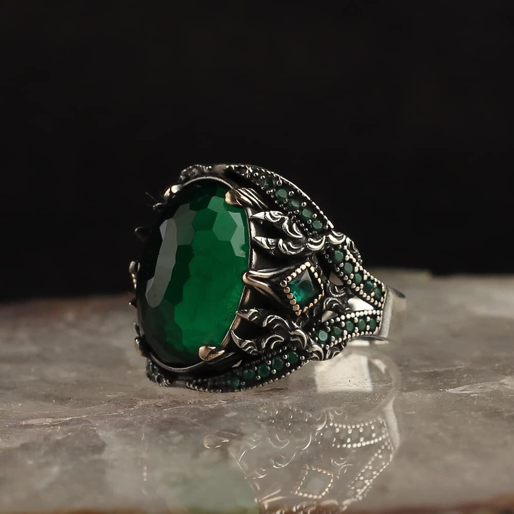 Emerald Stone Men Silver Ring, 925 Sterling Silver Emerald Gemstone Ring