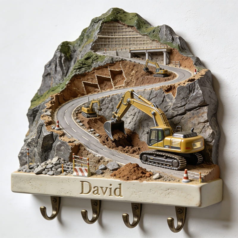 Custom Name Excavator Wall Hook Rack Construction Key Holder 2D Flat Design