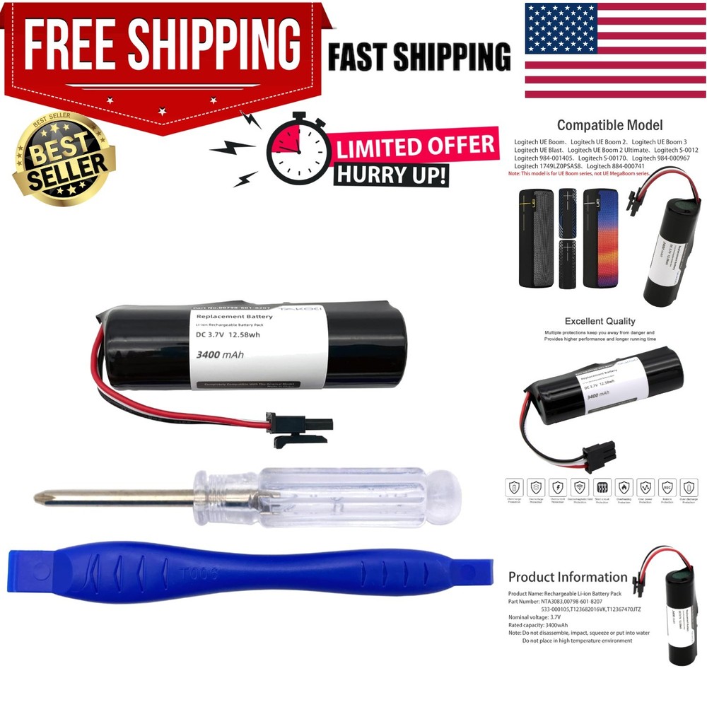 High-Performance Replacement Battery for Logitech UE Boom 2/3 - 3400mAh Capacity