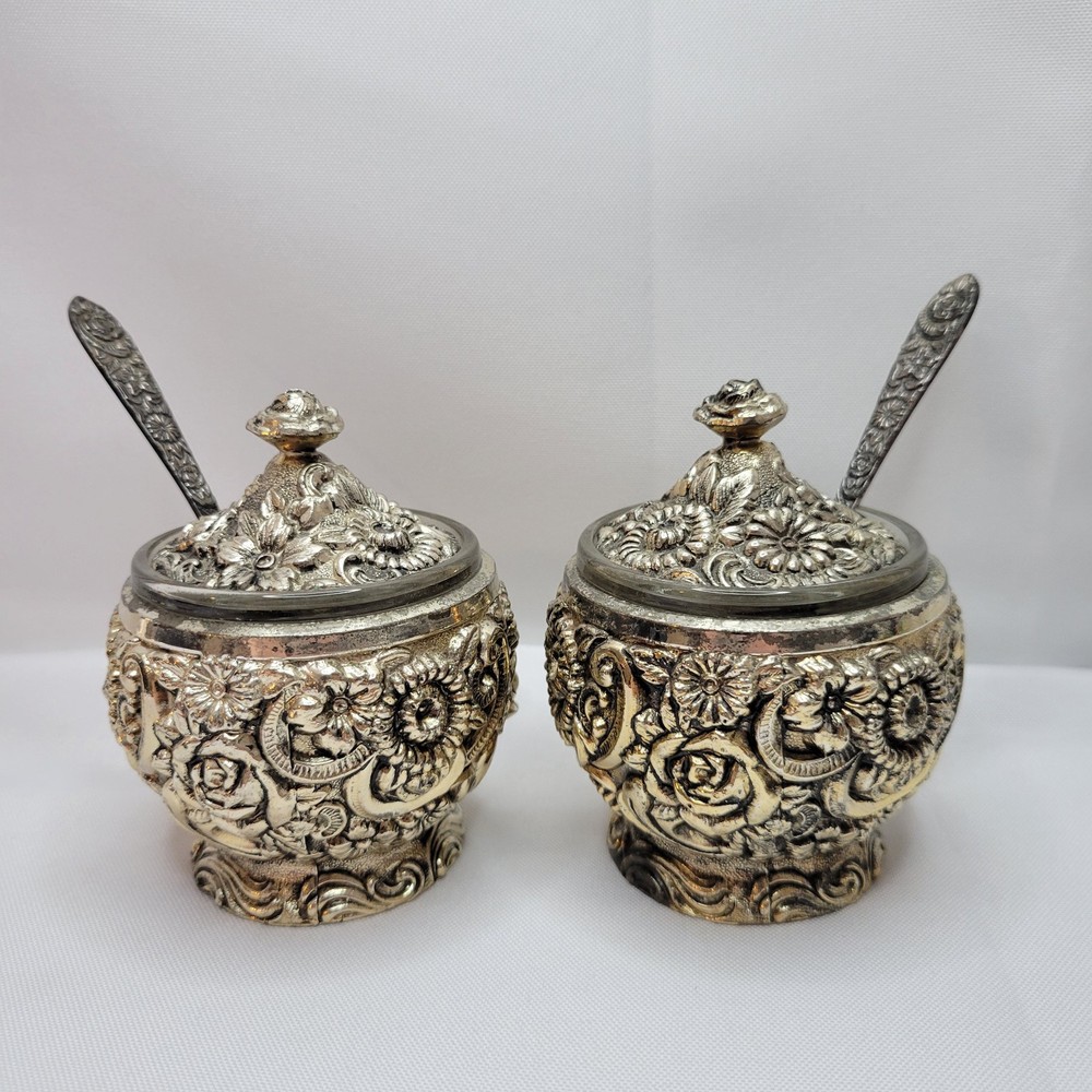 VTG Harrison Fisher Silver Plate Floral Condiment Jam Jars HF-0917 READ