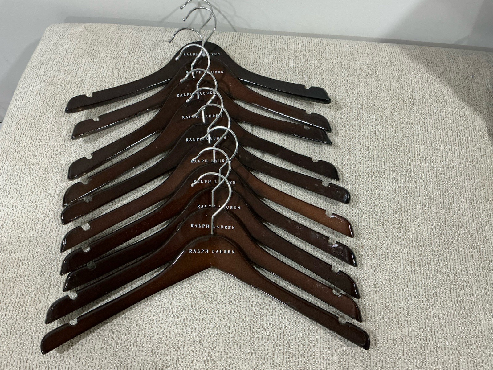 POLO Ralph Lauren LOT of 10 Dark Brown Wooden Retail Store Curved Clothes Hanger