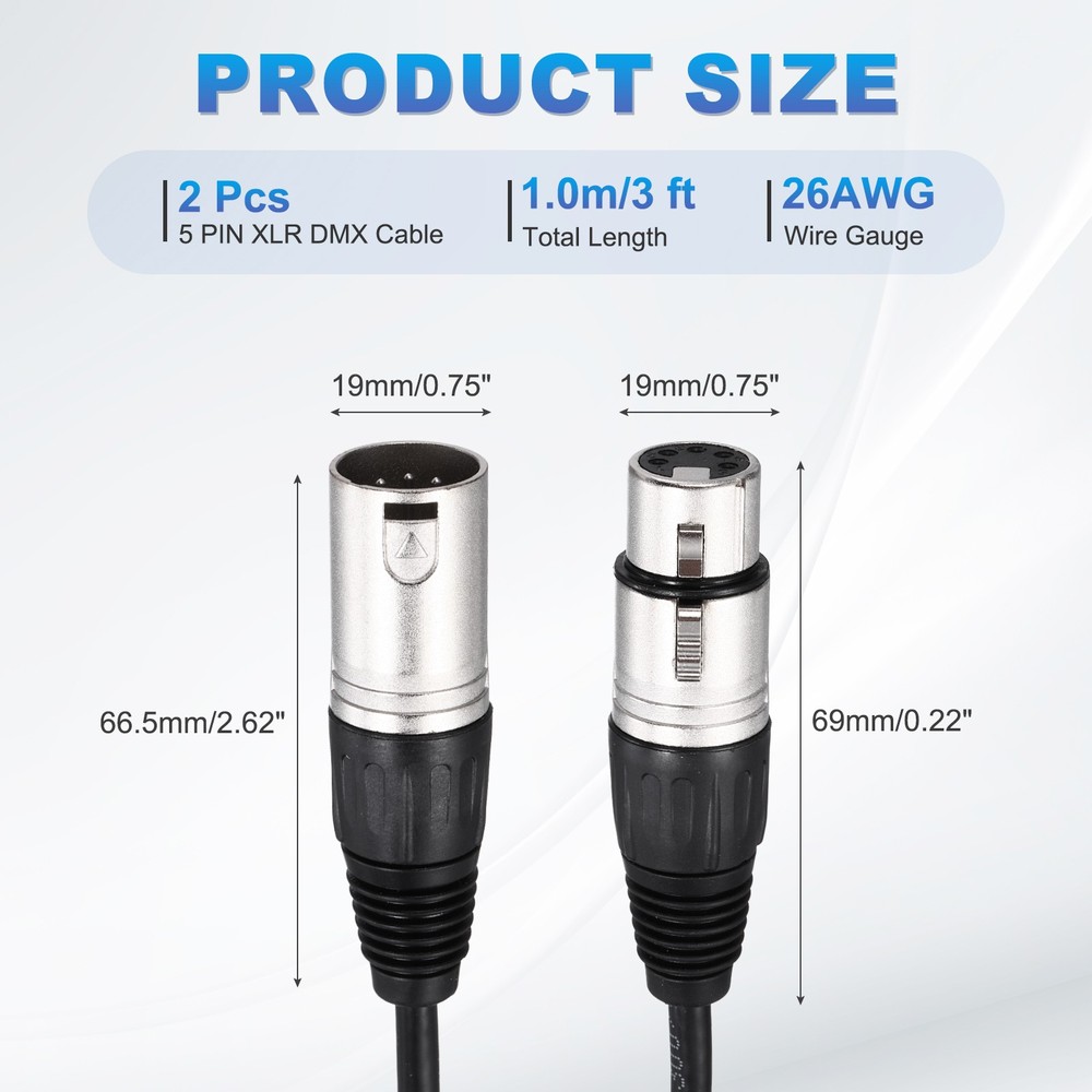 2Pcs 5 Pins XLR Cable 3 ft XLR Microphone Cable for Stage Studio Cable