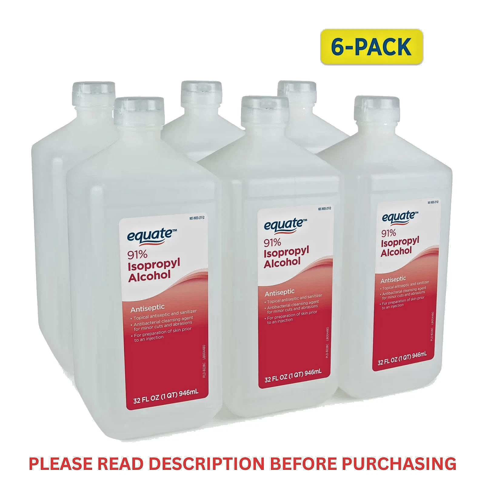 Equate 91% Isopropyl Alcohol Antiseptic Liquid, Resealable, 6 PACK, 6 x 32 fl oz
