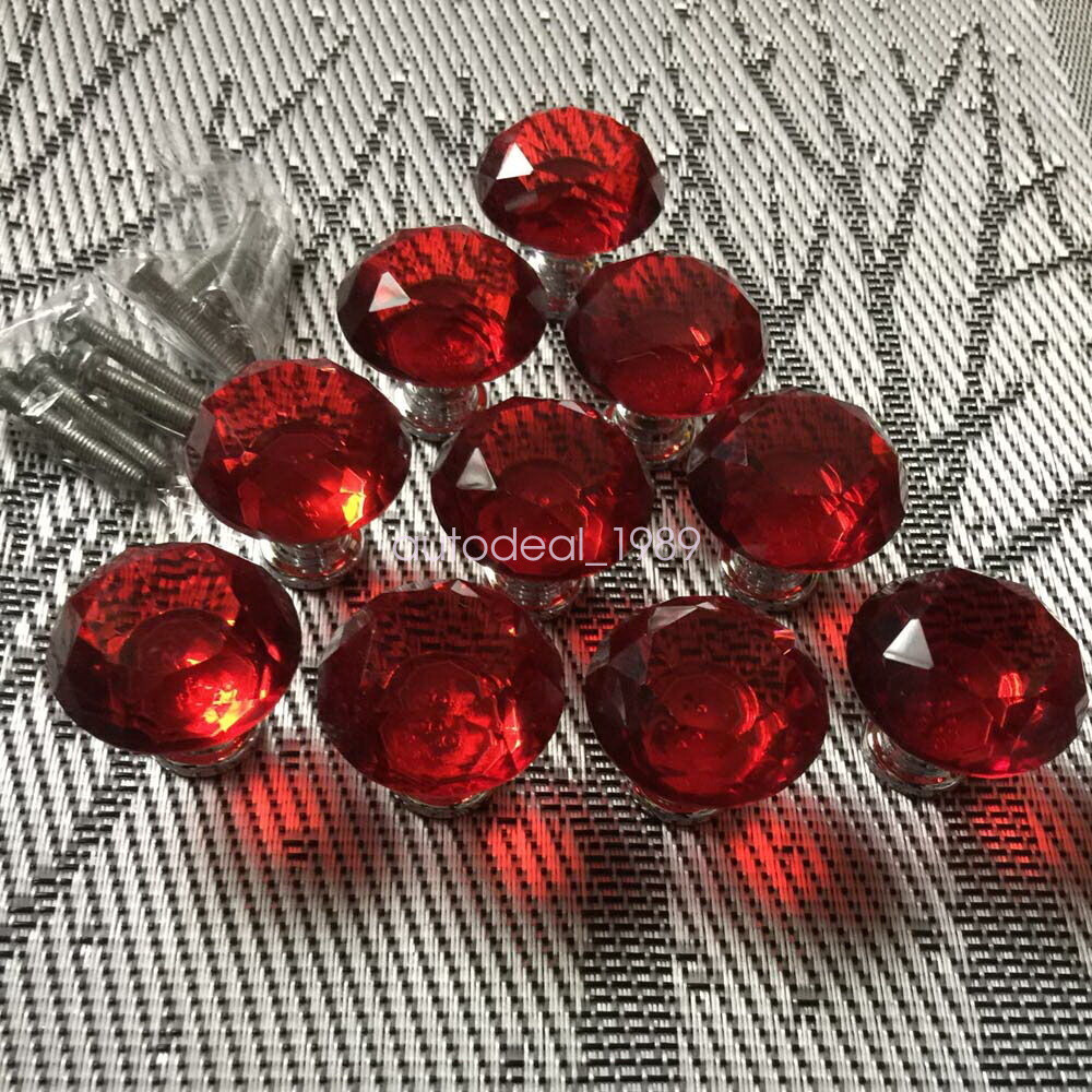 10pcs Red Crystal Glass Kitchen Cabinet Drawer Pull Handle Knobs Replacement