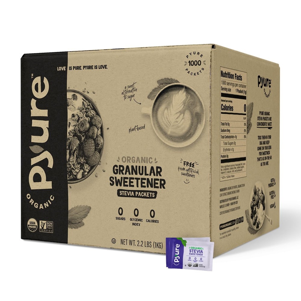 Pyure Organic Stevia Packets | Zero Calorie Sweetener, Non-GMO | 1000 Packets