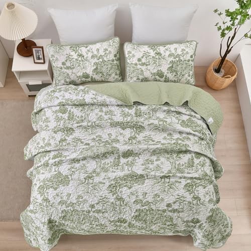 Botanical Quilt Set 3 Pieces Toile Floral Plants Printed King Sage Green