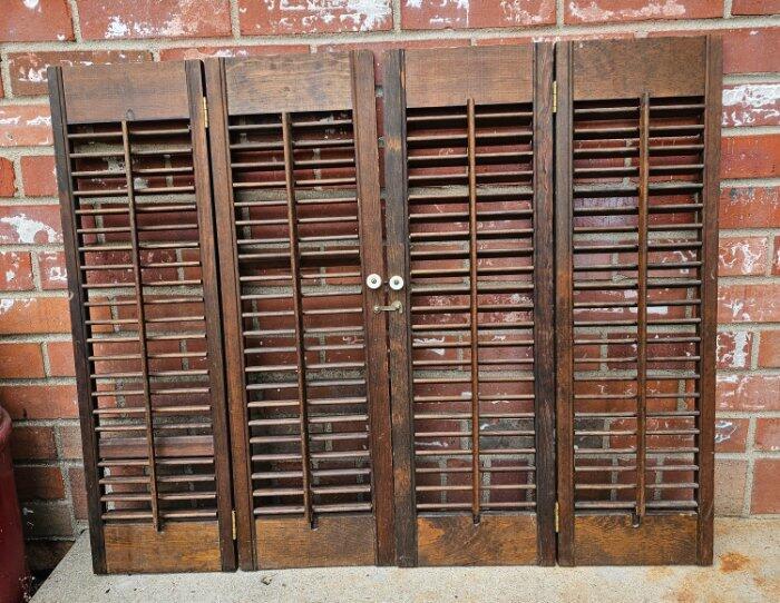 Vintage Wood Shutters Set Louvered Brass Hook White Knobs