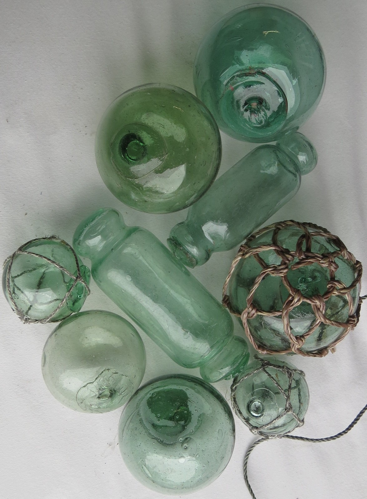 Japanese GLASS FLOATS (9) Sea Greens Mixed Sizes, Shape, Fishing Antiques USA BZ