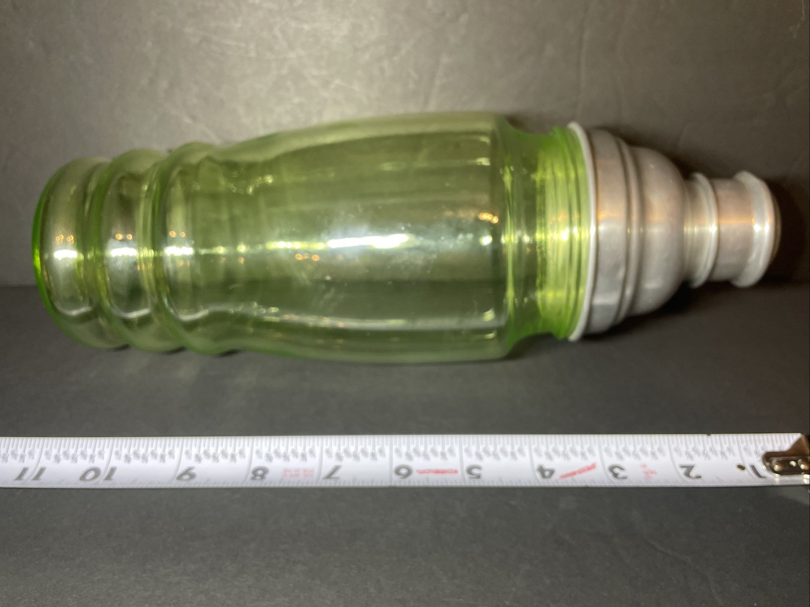 Vintage Green Uranium Glass Martini/Cocktail Shaker With Lids 11 Inches