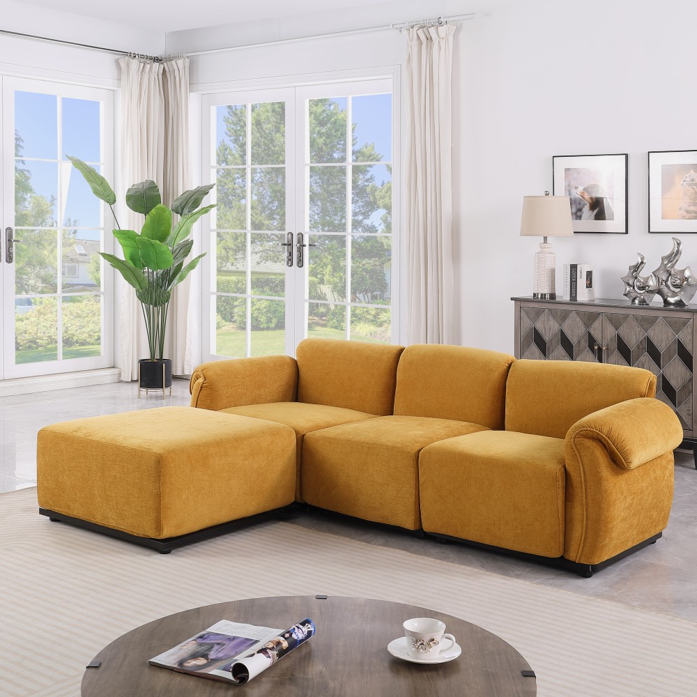 Chenille 2 Seat Sofa Sectional with Iron Frame, Yellow