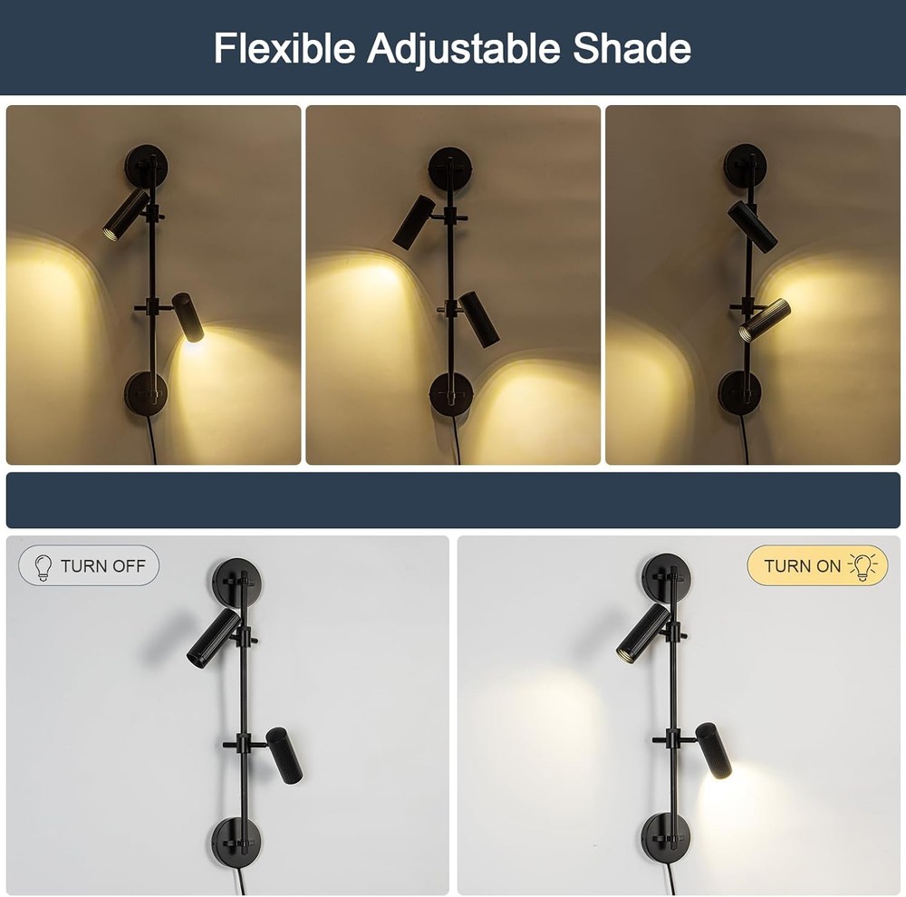 Plug in Wall Sconces Black 2 Lights Rotatable with Switch