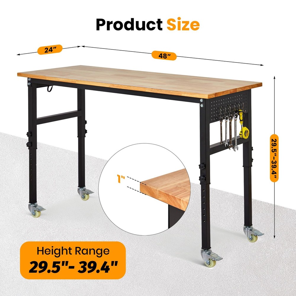 Adjustable Height Workbench 60"x24" Work Bench Table 2000 Lbs with Power Outlet