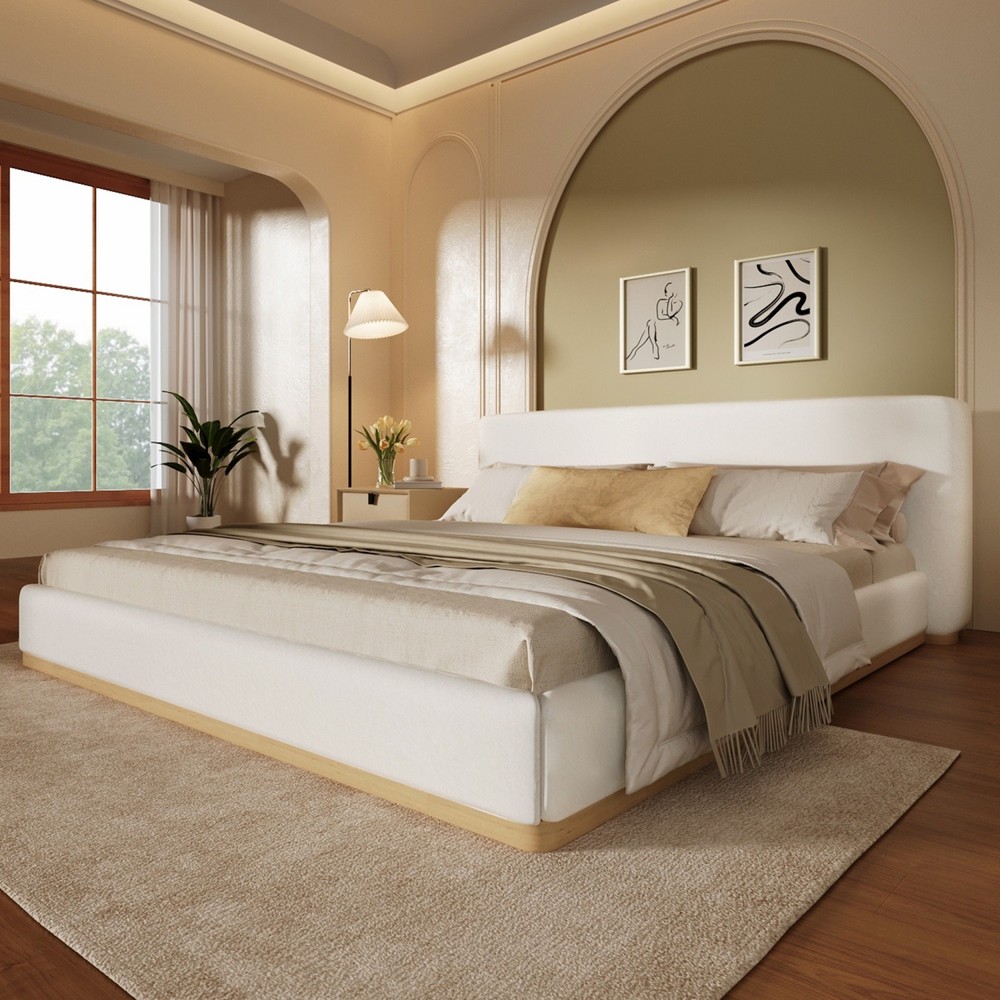 Queen/King Size Solid Wooden Platform Bed Frame Velvet Upholstered Headboard