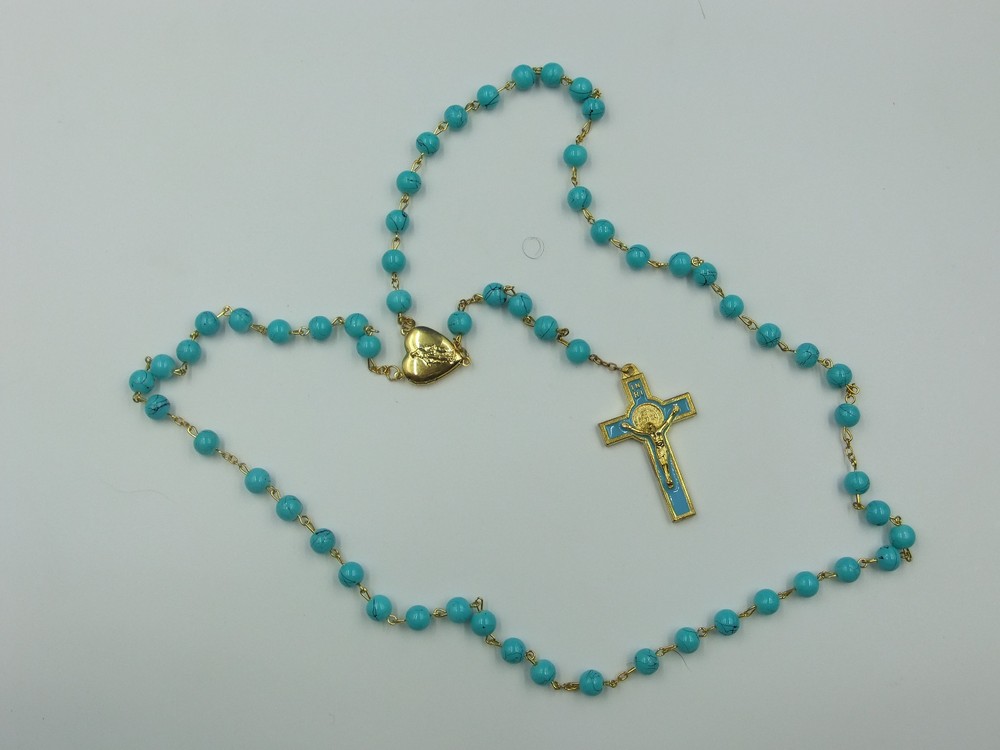 1st Communion Gift, Turquoise Blue Glass Bead Rosary w/Locket center -